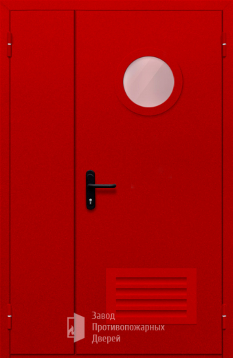 Фото двери «Полуторная с круглым стеклом и решеткой (красная)» в Троицку