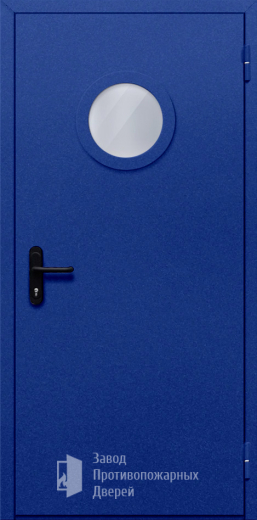 Фото двери «Однопольная с круглым стеклом (синяя)» в Троицку
